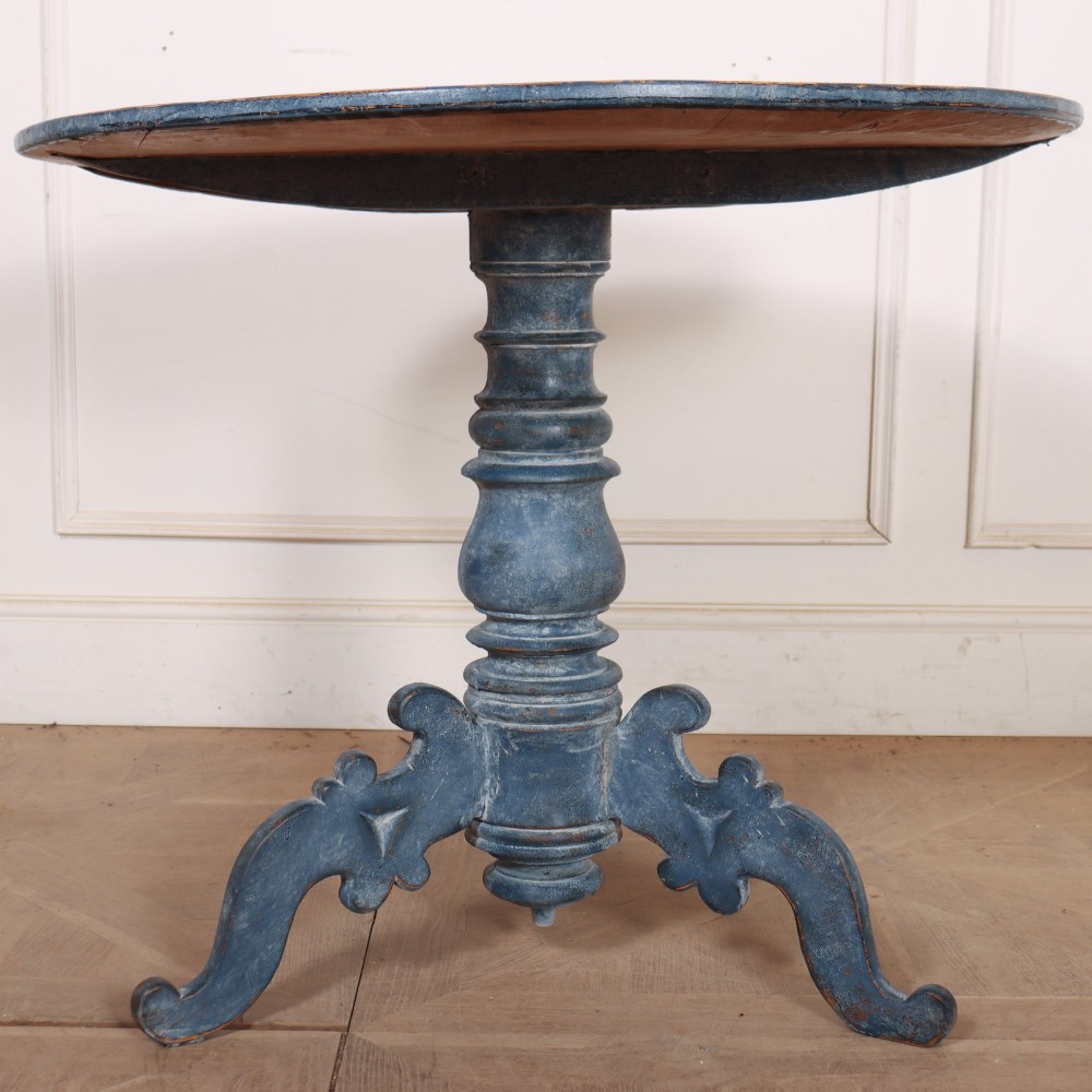A Swedish blue painted occasional table featuring an oval top, turned central pedestal column, and carved tripod scroll legs. View IV