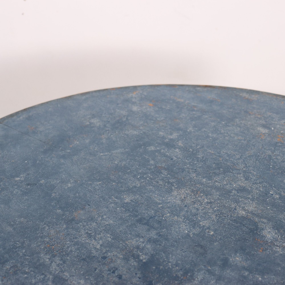 A Swedish blue painted occasional table featuring an oval top, turned central pedestal column, and carved tripod scroll legs. View VII