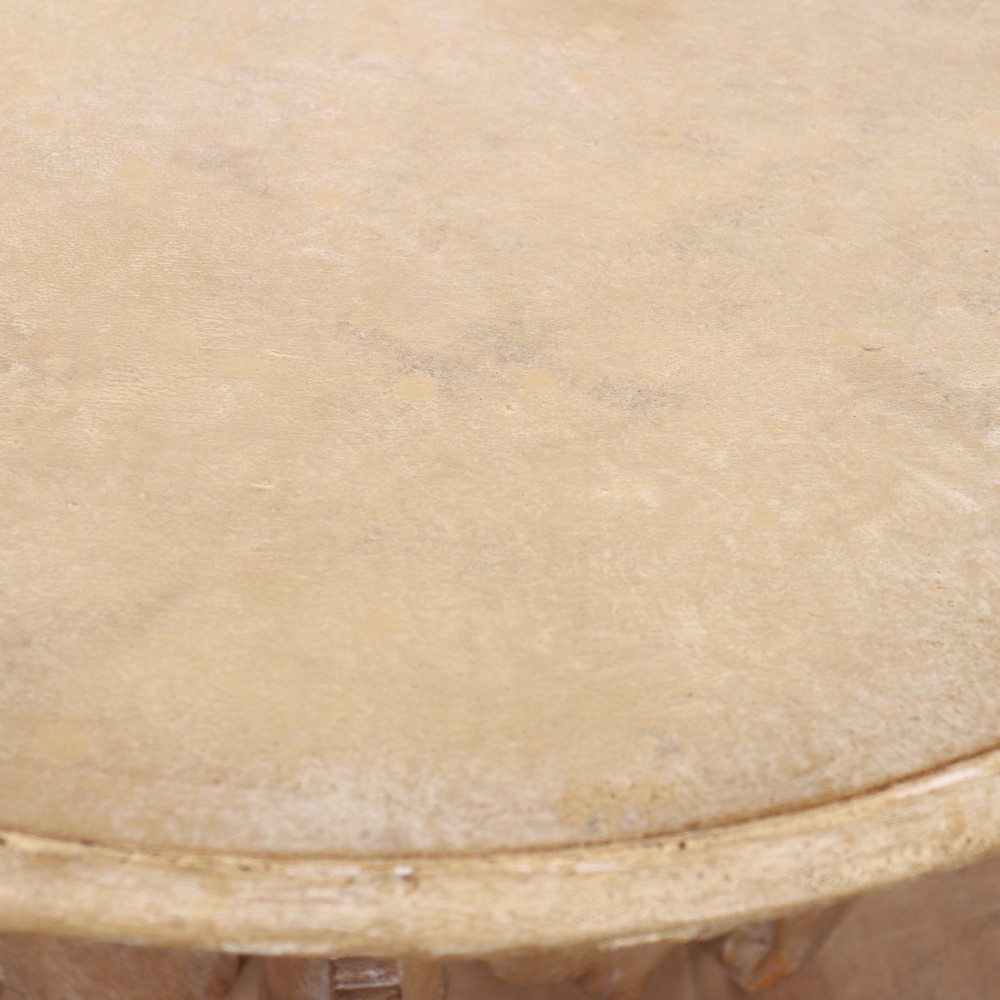 A circular painted Swedish side table featuring a turned central pedestal column resting on three carved scroll tripod legs with a distressed grey paint finish. View VIII