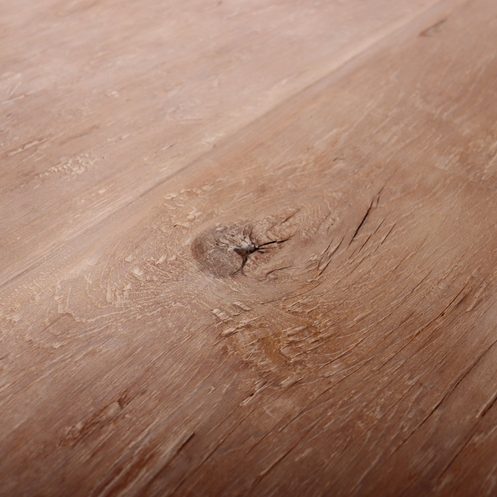 A 19th-century Spanish rustic elm dining table featuring a pale natural finish, four turned legs, and a single frieze drawer with a metal ring pull. View X