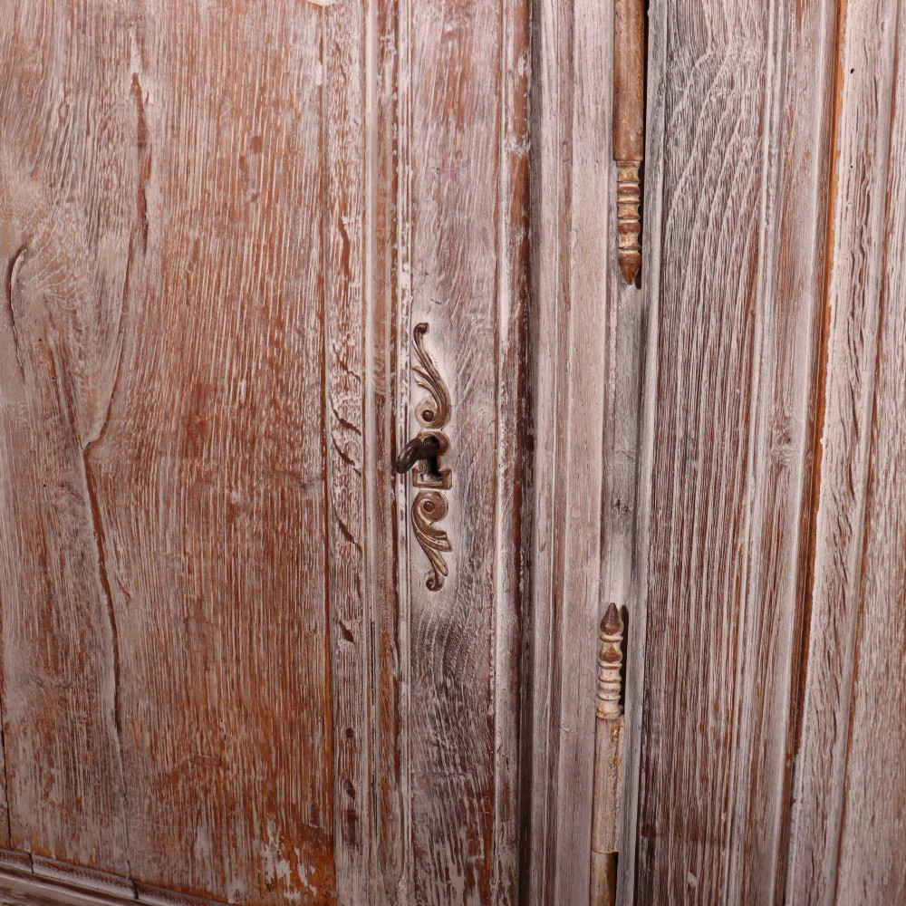 A large four-door French provincial enfilade made from bleached oak, featuring raised panel cupboard doors, four top drawers, and a scalloped apron. View VII