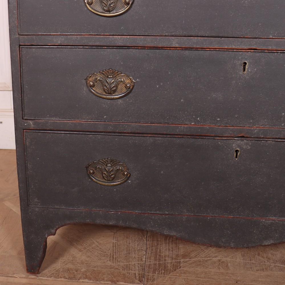 A small painted English bureau secretaire featuring a dark grey exterior, three lower drawers with brass handles, and a drop-front slant lid opening to a cream fitted interior with pigeonholes. View VIII