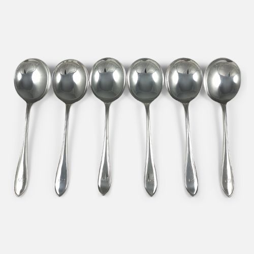 Set of Six Sterling Silver Sandringham Pattern Soup Spoons - 1933