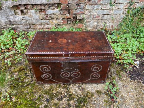 ANTIQUE LEATHER BOUND CHEST - ADDITIONAL PHOTO 2