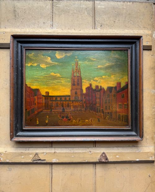 ANTIQUE NAIVE OIL PAINTING ST NICHOLAS SQUARE NEWCASTLE