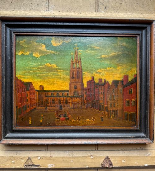 ANTIQUE NAIVE OIL PAINTING ST NICHOLAS SQUARE NEWCASTLE - ADDITIONAL PHOTO 1