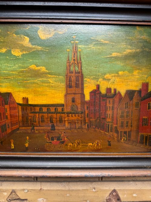 ANTIQUE NAIVE OIL PAINTING ST NICHOLAS SQUARE NEWCASTLE - ADDITIONAL PHOTO 4