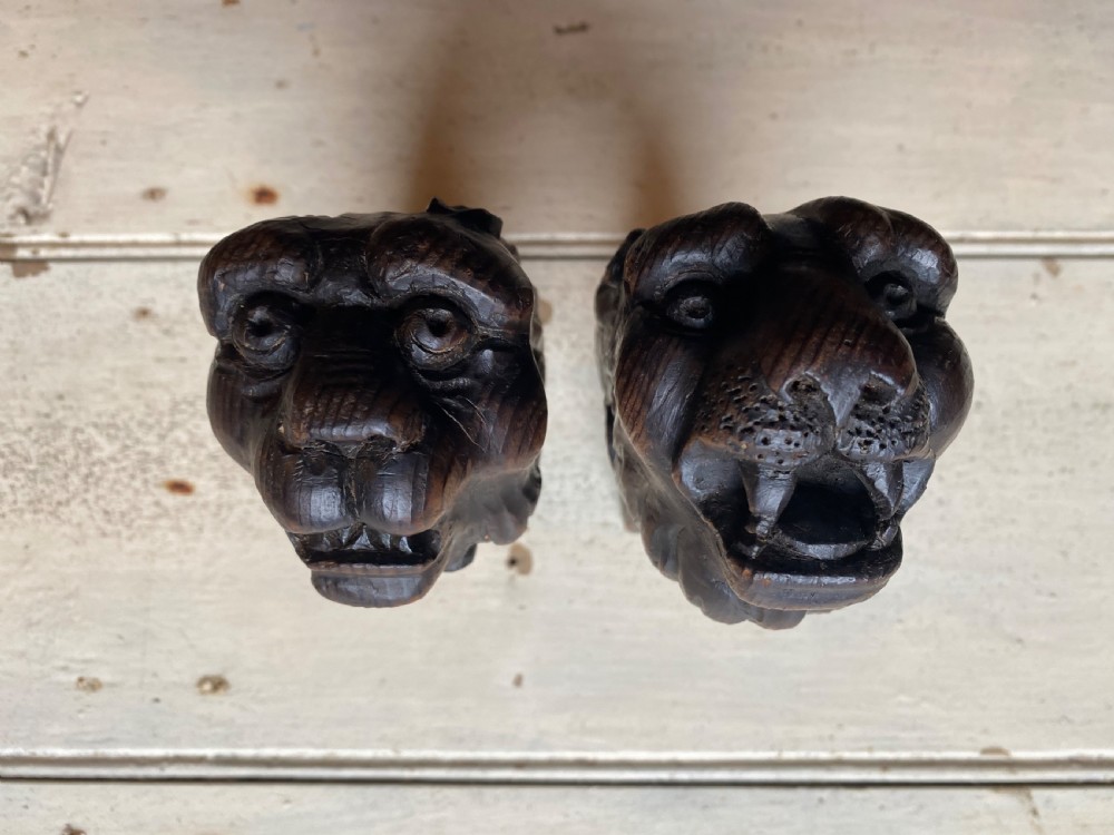 Pair of Carved Wood Lion Heads View III