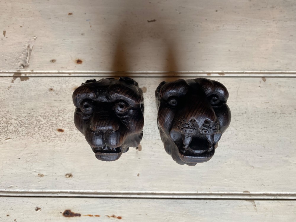 Pair of Carved Wood Lion Heads View IV