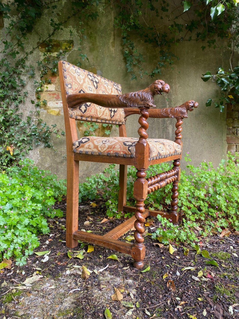 Antique Walnut Lion Head Armchair 