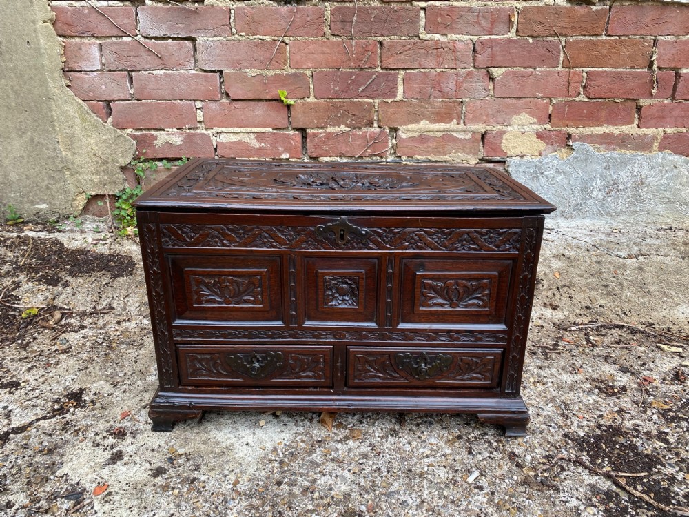 A carved dark oak Georgian coffer bach featuring a hinged lid, relief-carved floral panels, two lower drawers, and bracket feet. View III