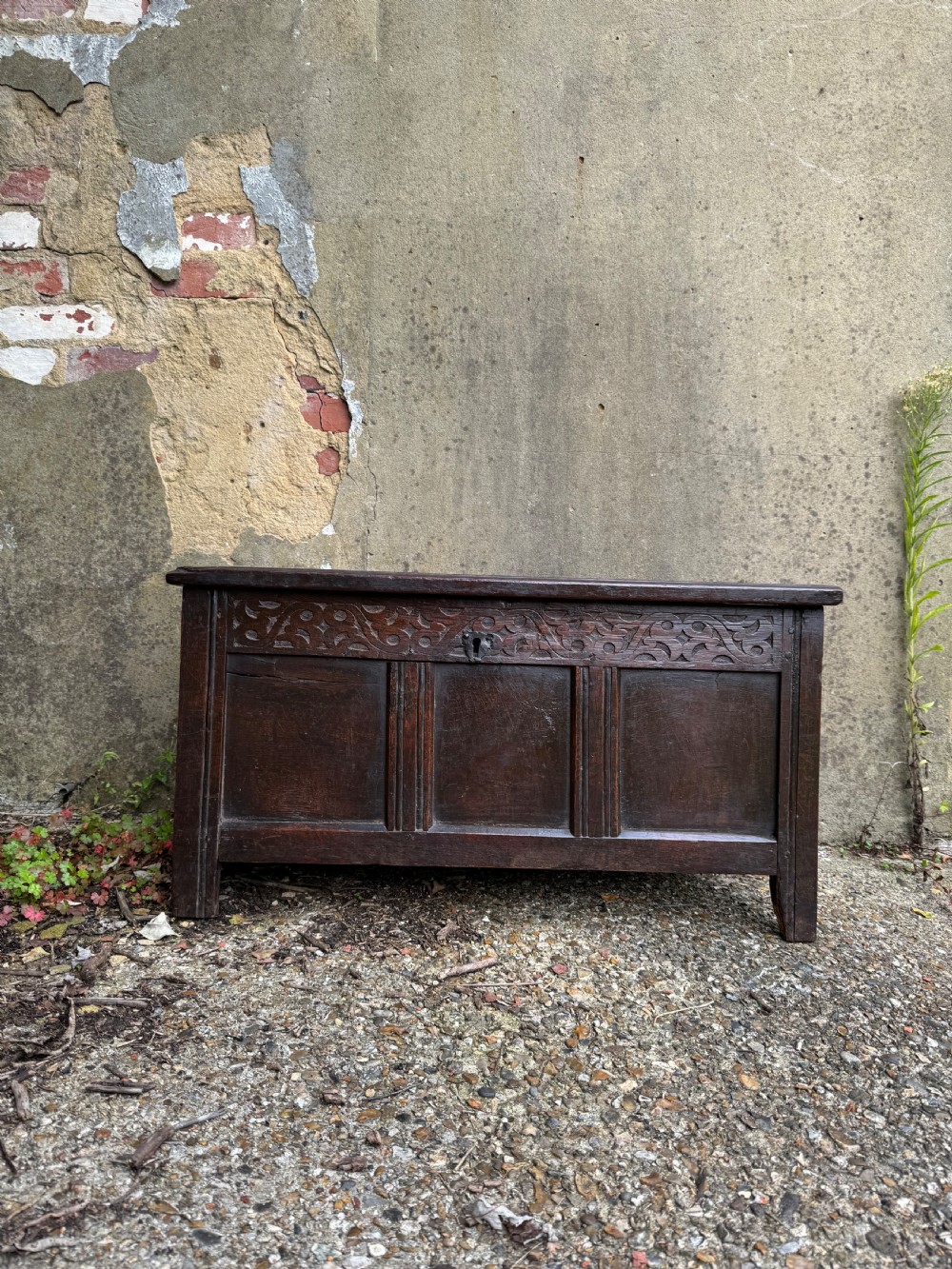 A small dark oak coffer featuring a carved top frieze, a three-panel front, and a central iron escutcheon.