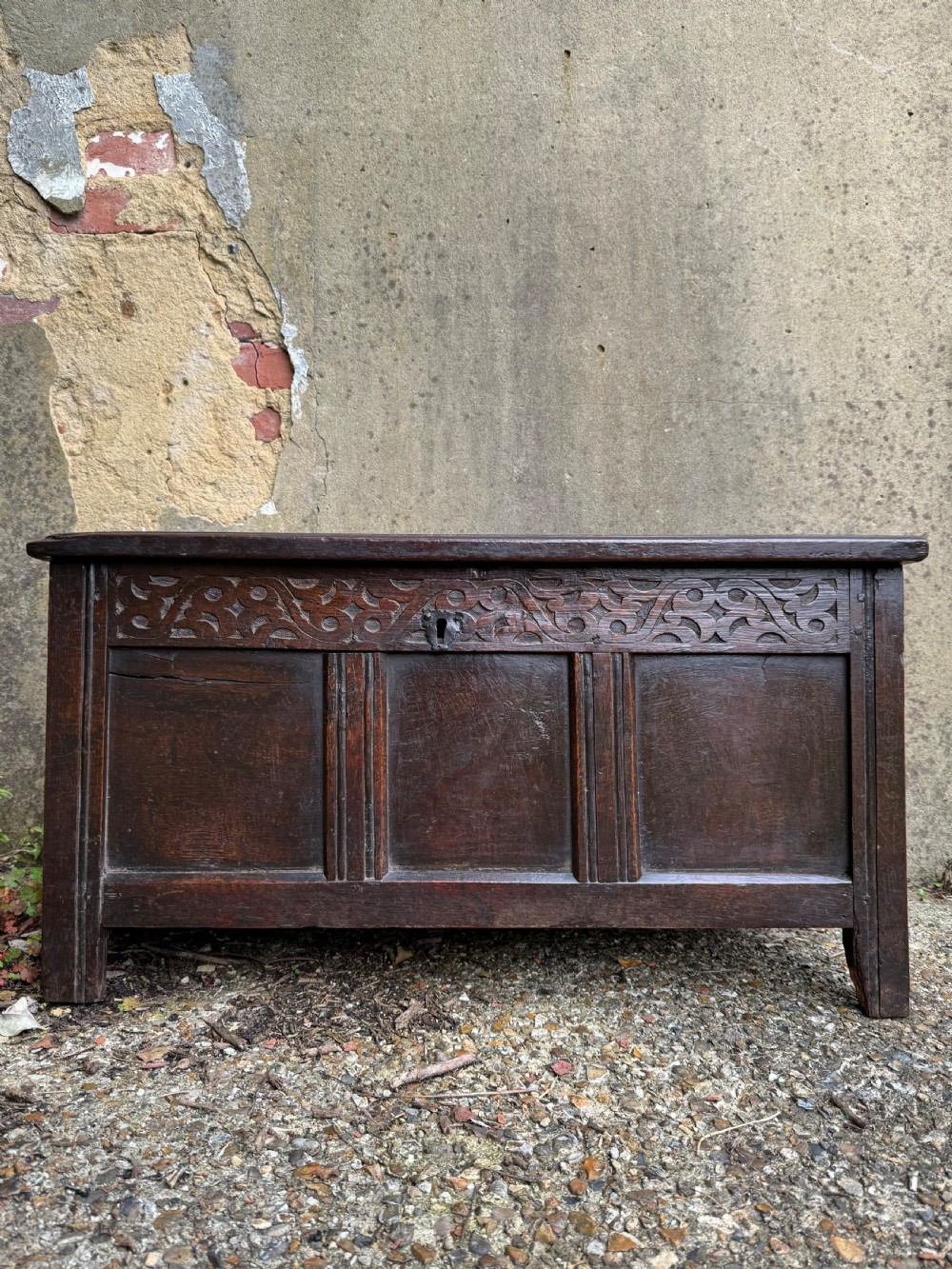 A small dark oak coffer featuring a carved top frieze, a three-panel front, and a central iron escutcheon. View V