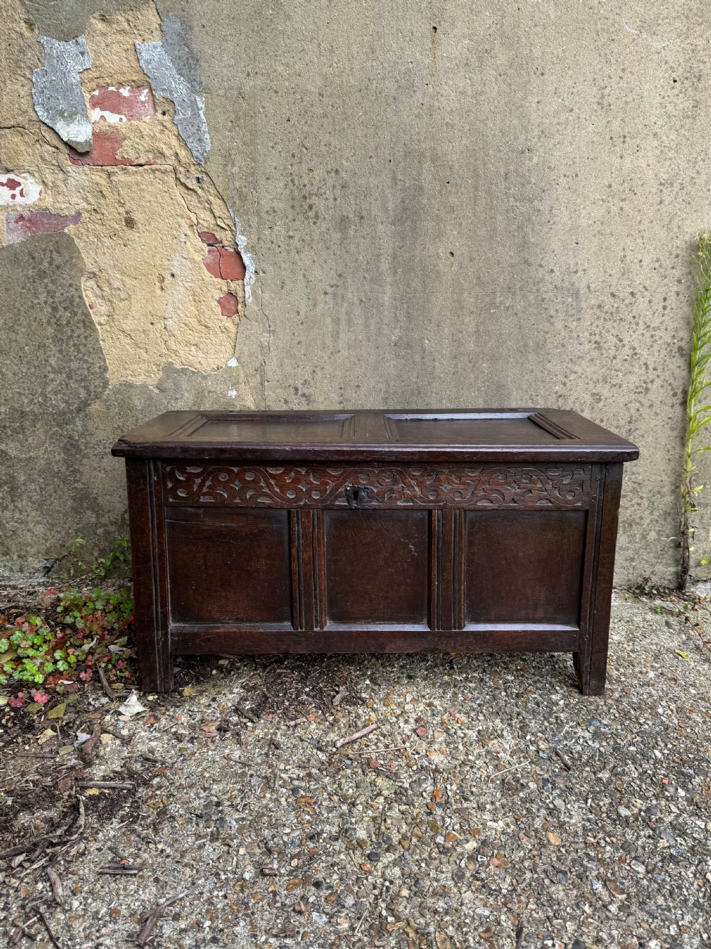 A small dark oak coffer featuring a carved top frieze, a three-panel front, and a central iron escutcheon. View VI