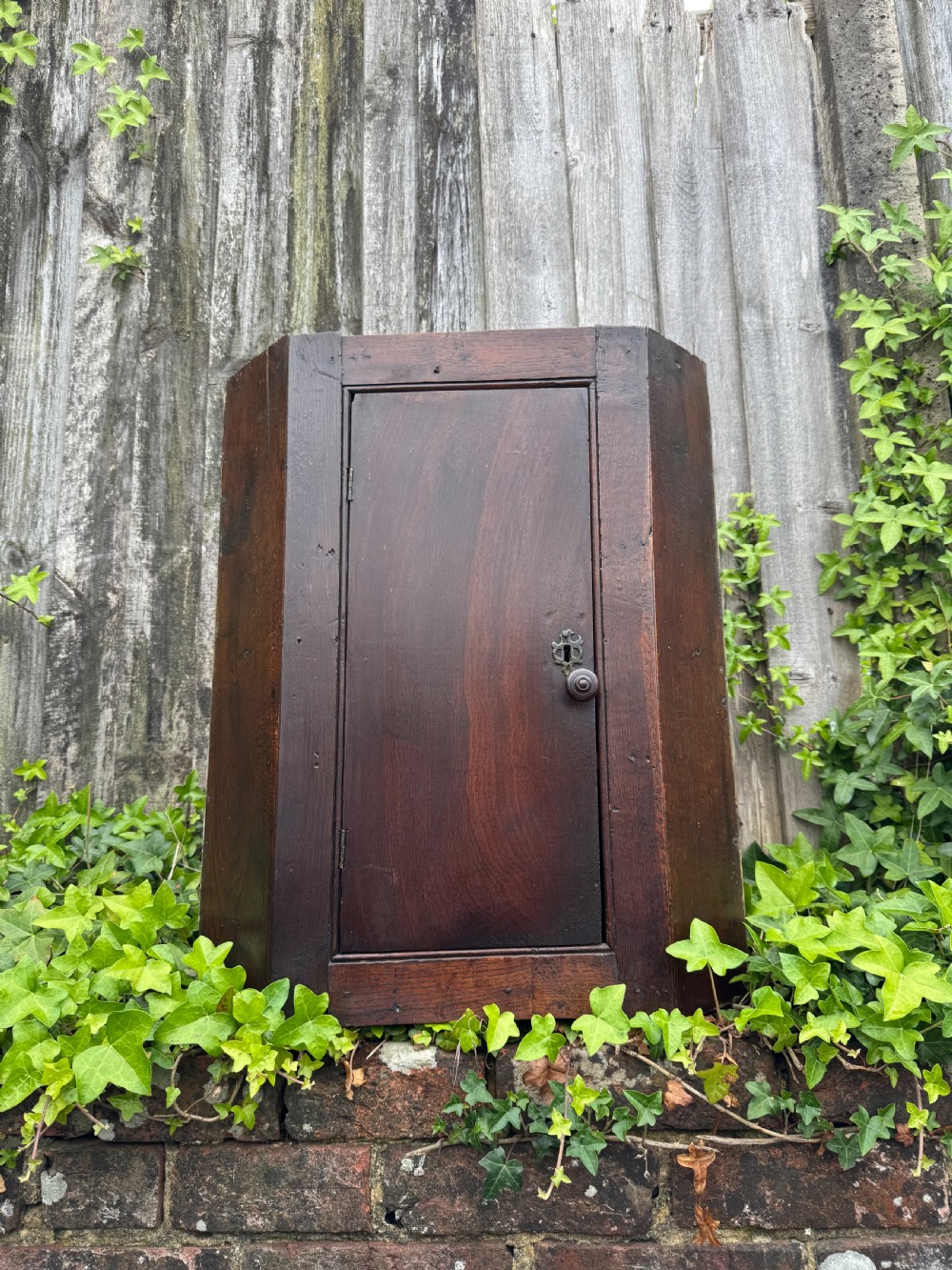 An antique dark oak provincial cupboard featuring canted sides, a single panelled door, a wooden knob, and an iron keyhole escutcheon.