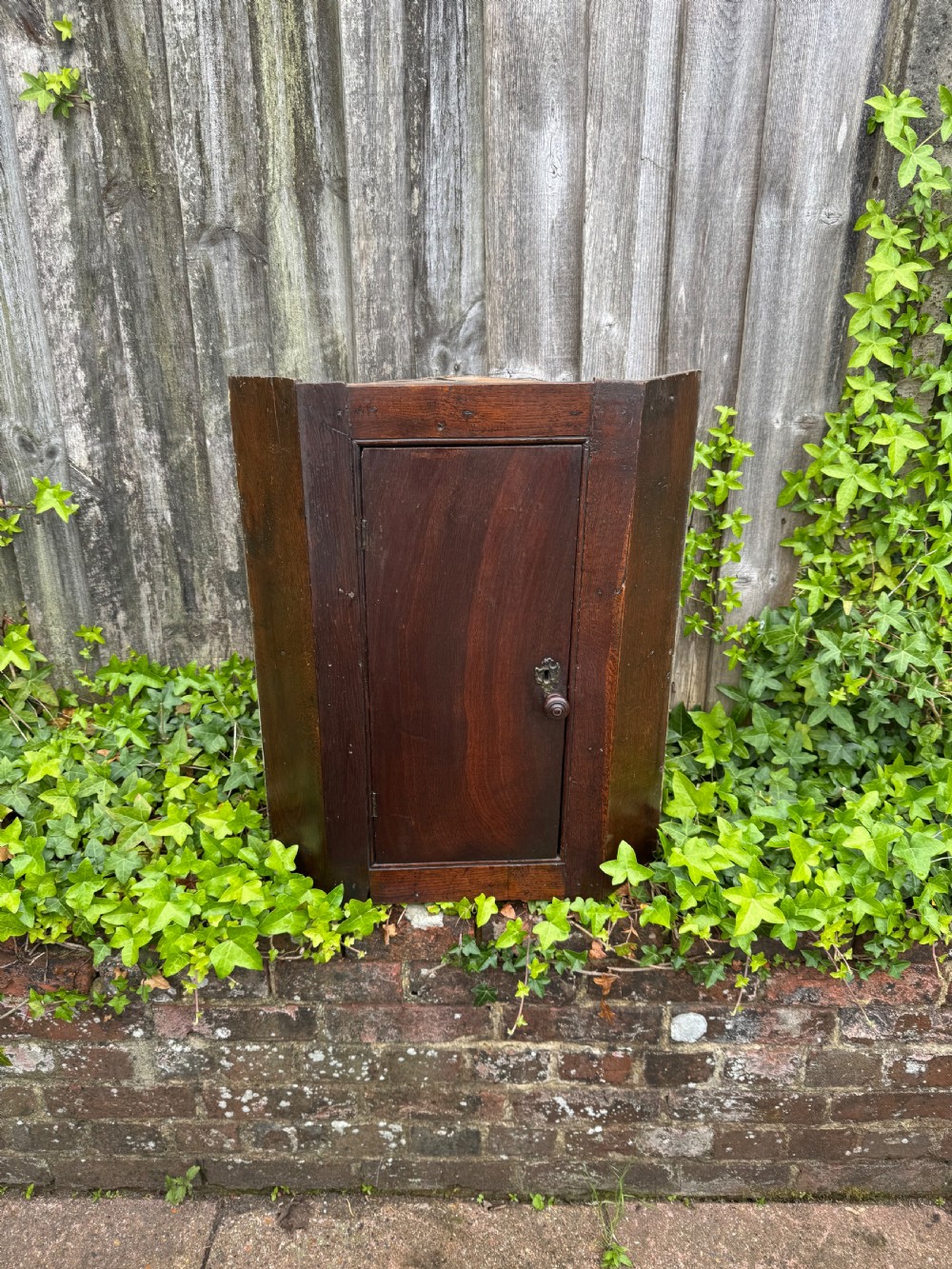 An antique dark oak provincial cupboard featuring canted sides, a single panelled door, a wooden knob, and an iron keyhole escutcheon. View V