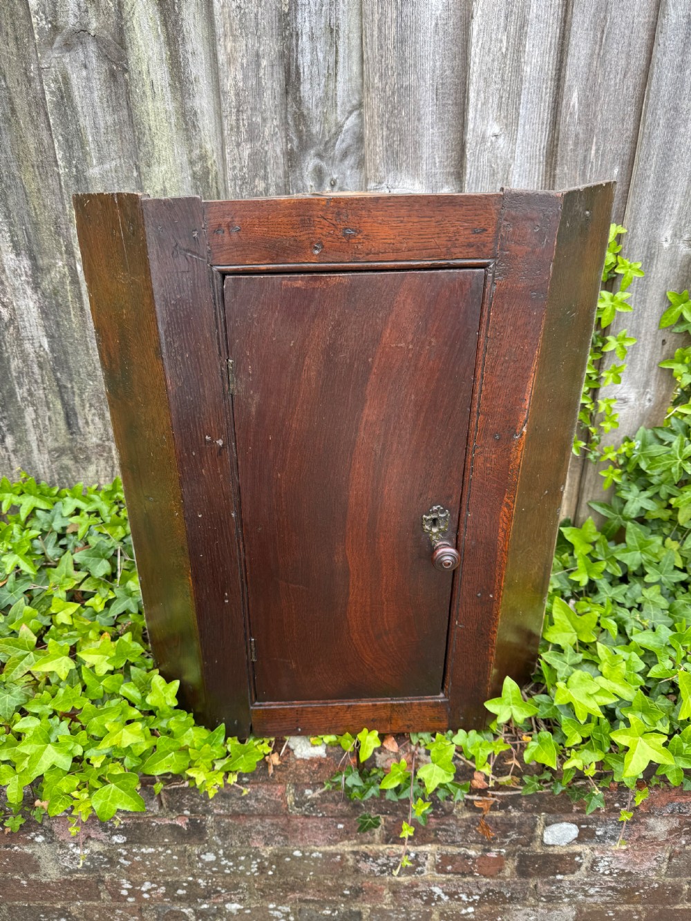 An antique dark oak provincial cupboard featuring canted sides, a single panelled door, a wooden knob, and an iron keyhole escutcheon. View VII