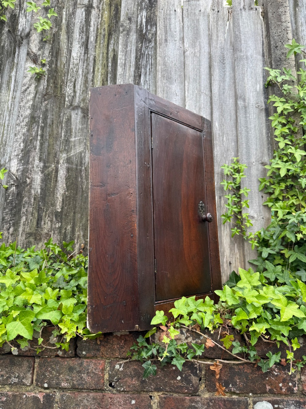 An antique dark oak provincial cupboard featuring canted sides, a single panelled door, a wooden knob, and an iron keyhole escutcheon. View IX