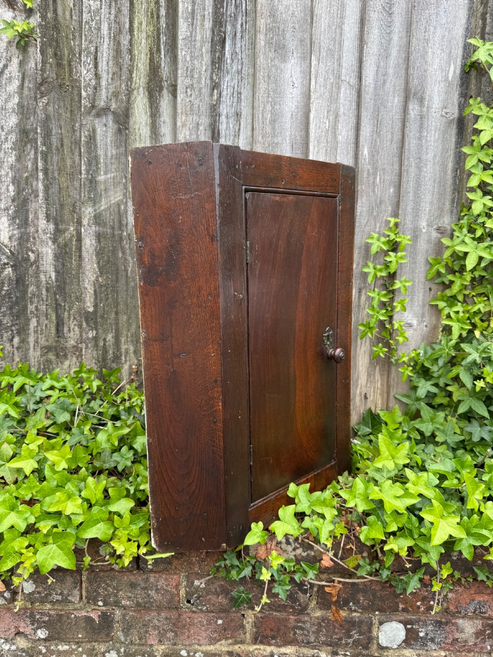 An antique dark oak provincial cupboard featuring canted sides, a single panelled door, a wooden knob, and an iron keyhole escutcheon. View X