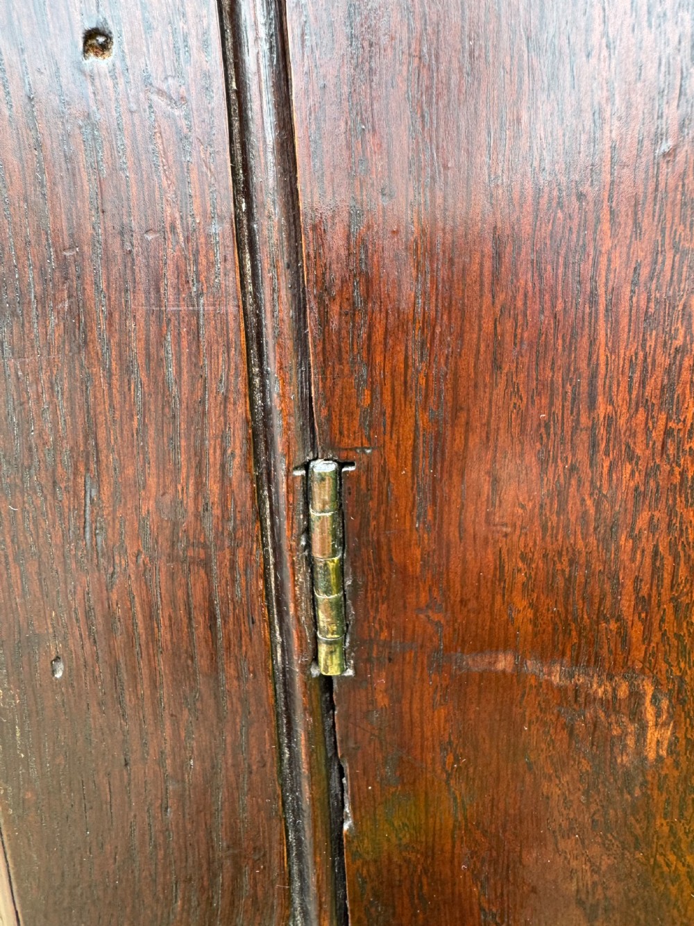 An antique dark oak provincial cupboard featuring canted sides, a single panelled door, a wooden knob, and an iron keyhole escutcheon. View XIV