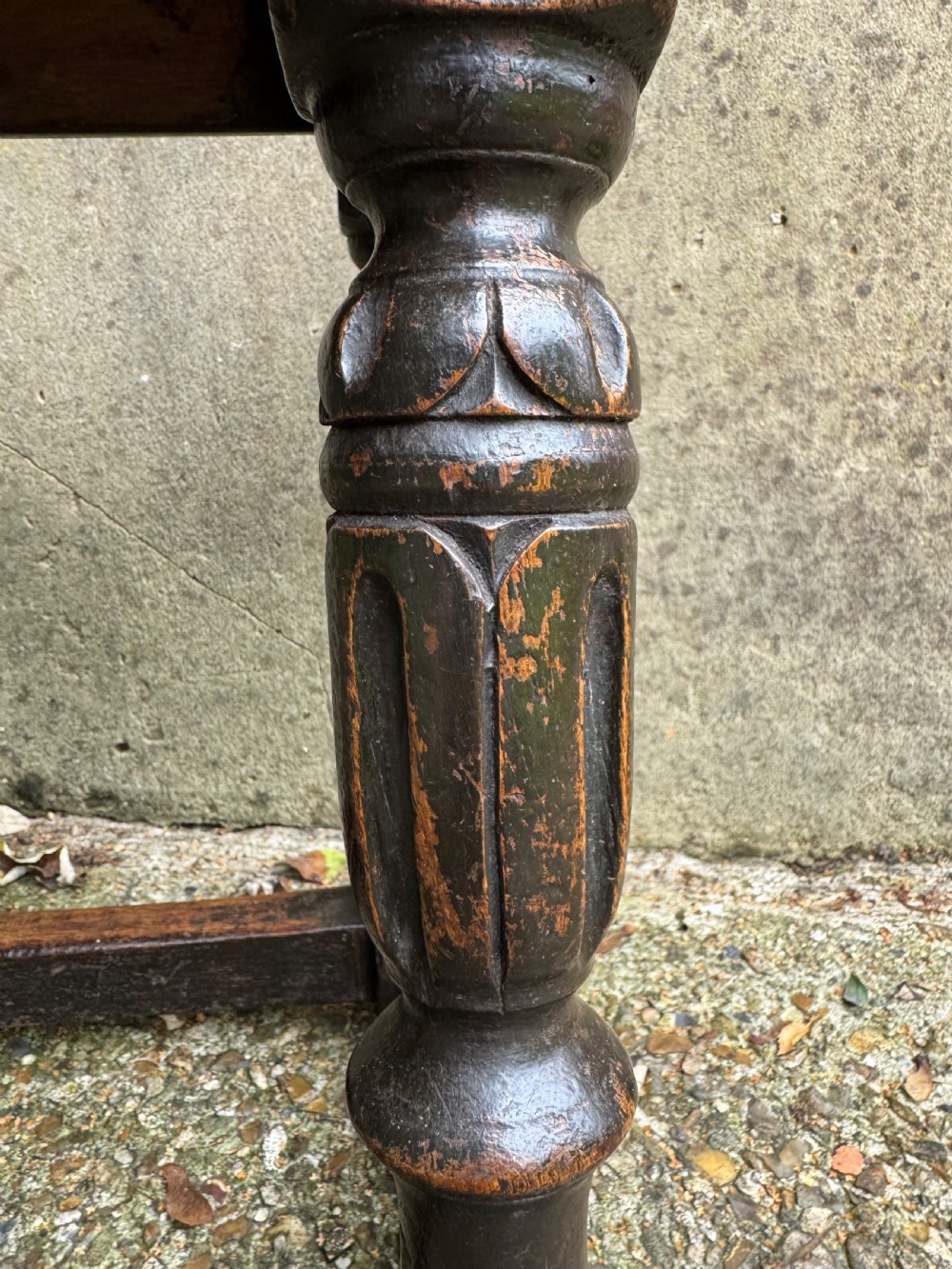 A dark oak joint stool featuring turned baluster legs, lower perimeter stretchers, and a flat rectangular top. View XIV