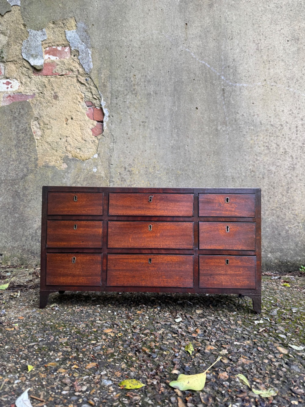 A dark Georgian mahogany flight of nine drawers with brass keyhole escutcheons resting on short bracket feet. View II