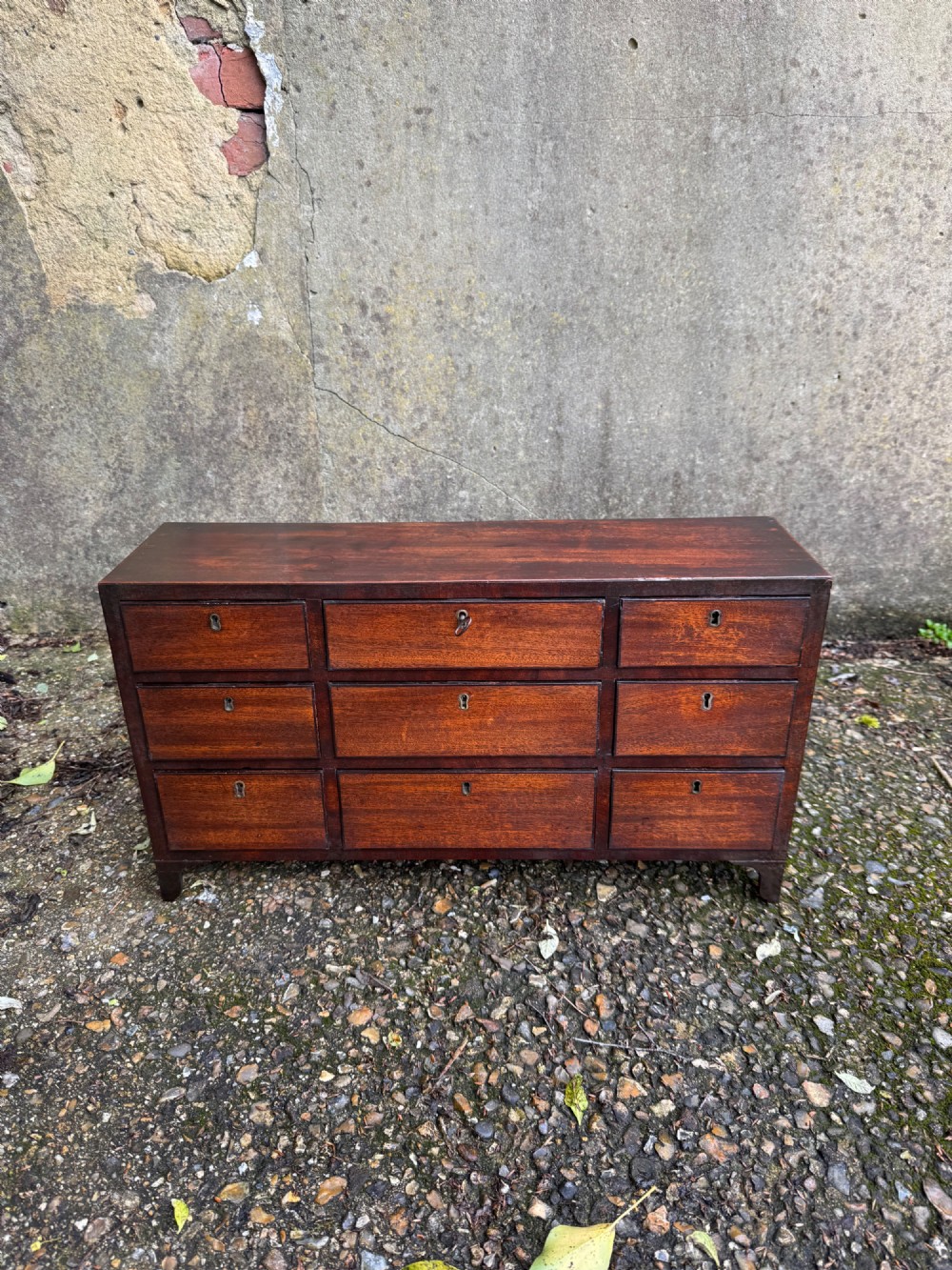 A dark Georgian mahogany flight of nine drawers with brass keyhole escutcheons resting on short bracket feet. View III