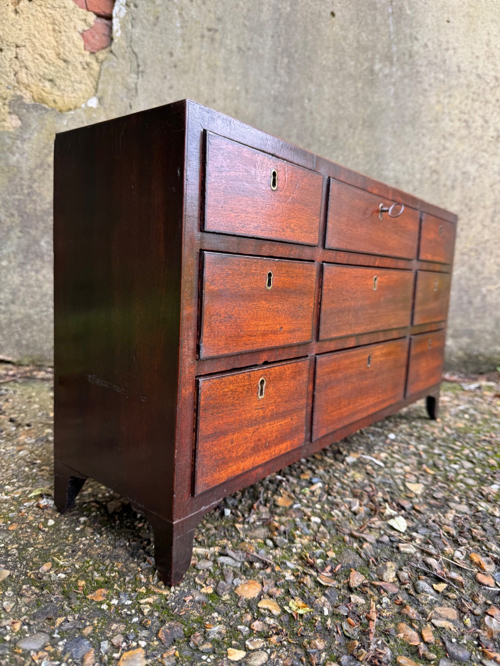 A dark Georgian mahogany flight of nine drawers with brass keyhole escutcheons resting on short bracket feet. View VIII