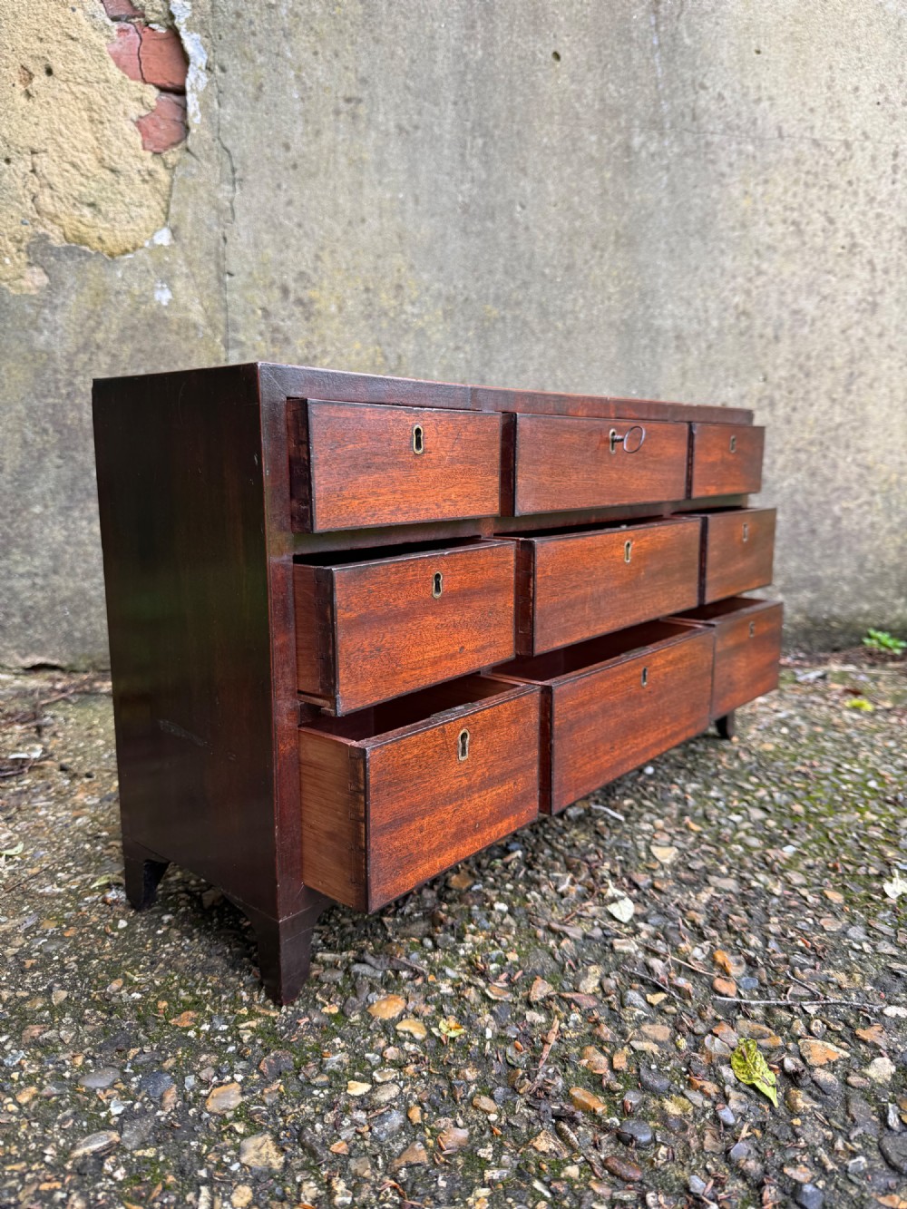 A dark Georgian mahogany flight of nine drawers with brass keyhole escutcheons resting on short bracket feet. View IX