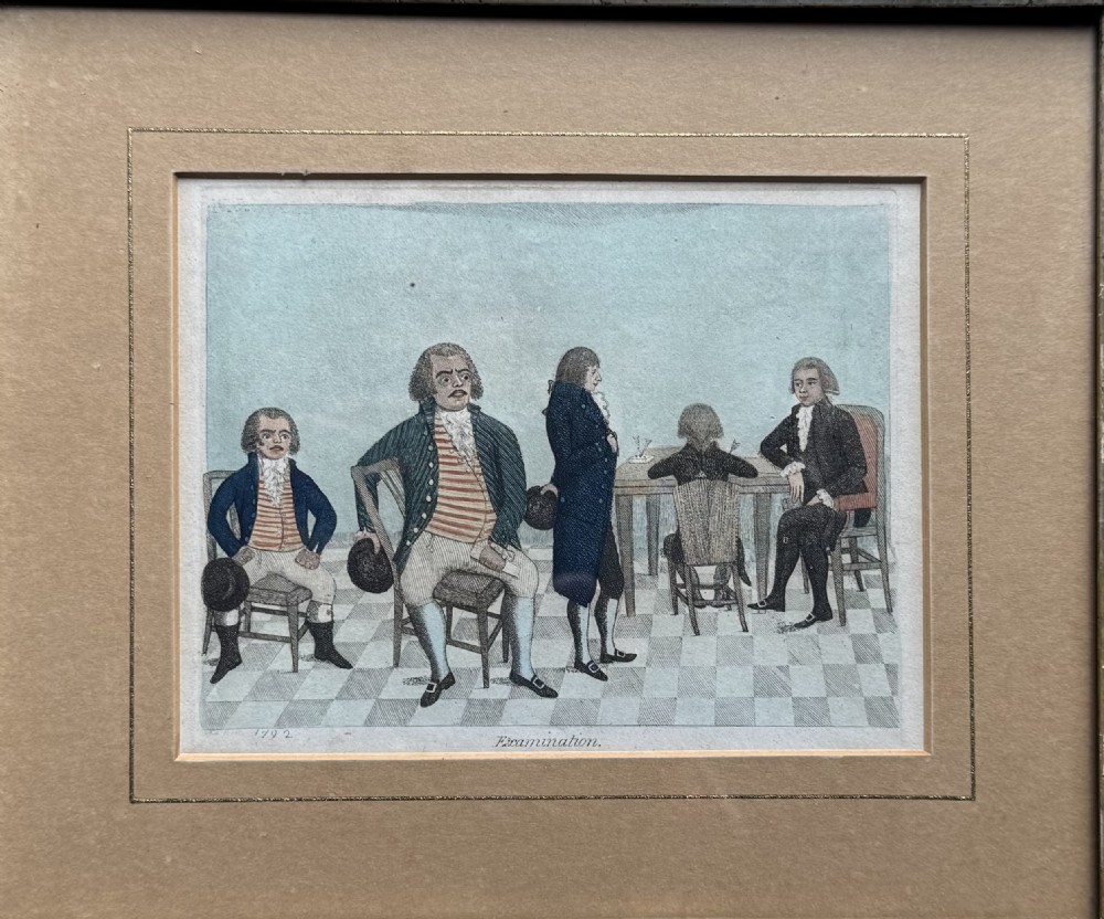 A framed Georgian hand-coloured etching titled Examination depicting figures in 18th-century dress set within a thick, light brown wood frame. View III
