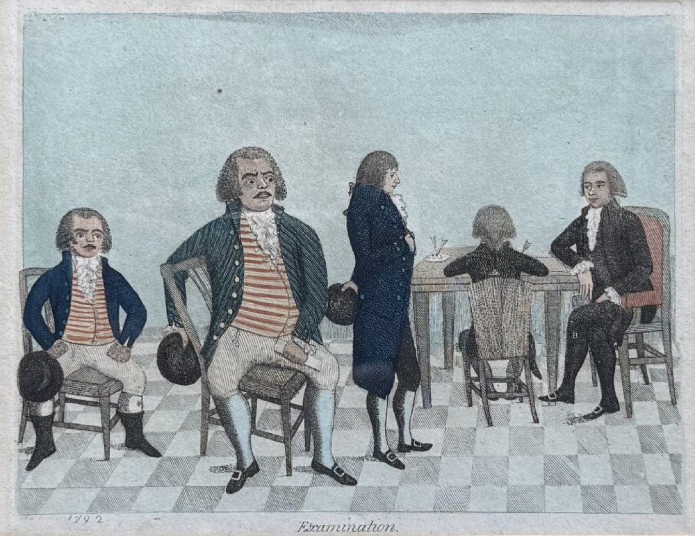 A framed Georgian hand-coloured etching titled Examination depicting figures in 18th-century dress set within a thick, light brown wood frame. View IV
