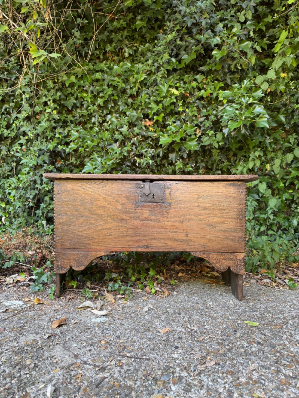 An antique dark oak plank coffer featuring notch-carved vertical edges, V-cut end feet, and a central iron lockplate. View II