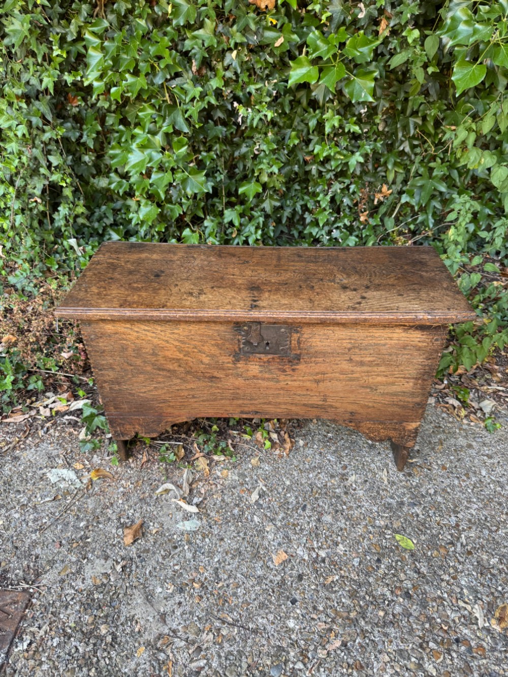 An antique dark oak plank coffer featuring notch-carved vertical edges, V-cut end feet, and a central iron lockplate. View III