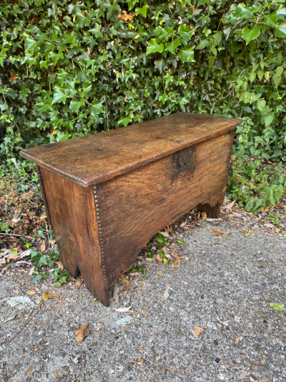 An antique dark oak plank coffer featuring notch-carved vertical edges, V-cut end feet, and a central iron lockplate. View VII
