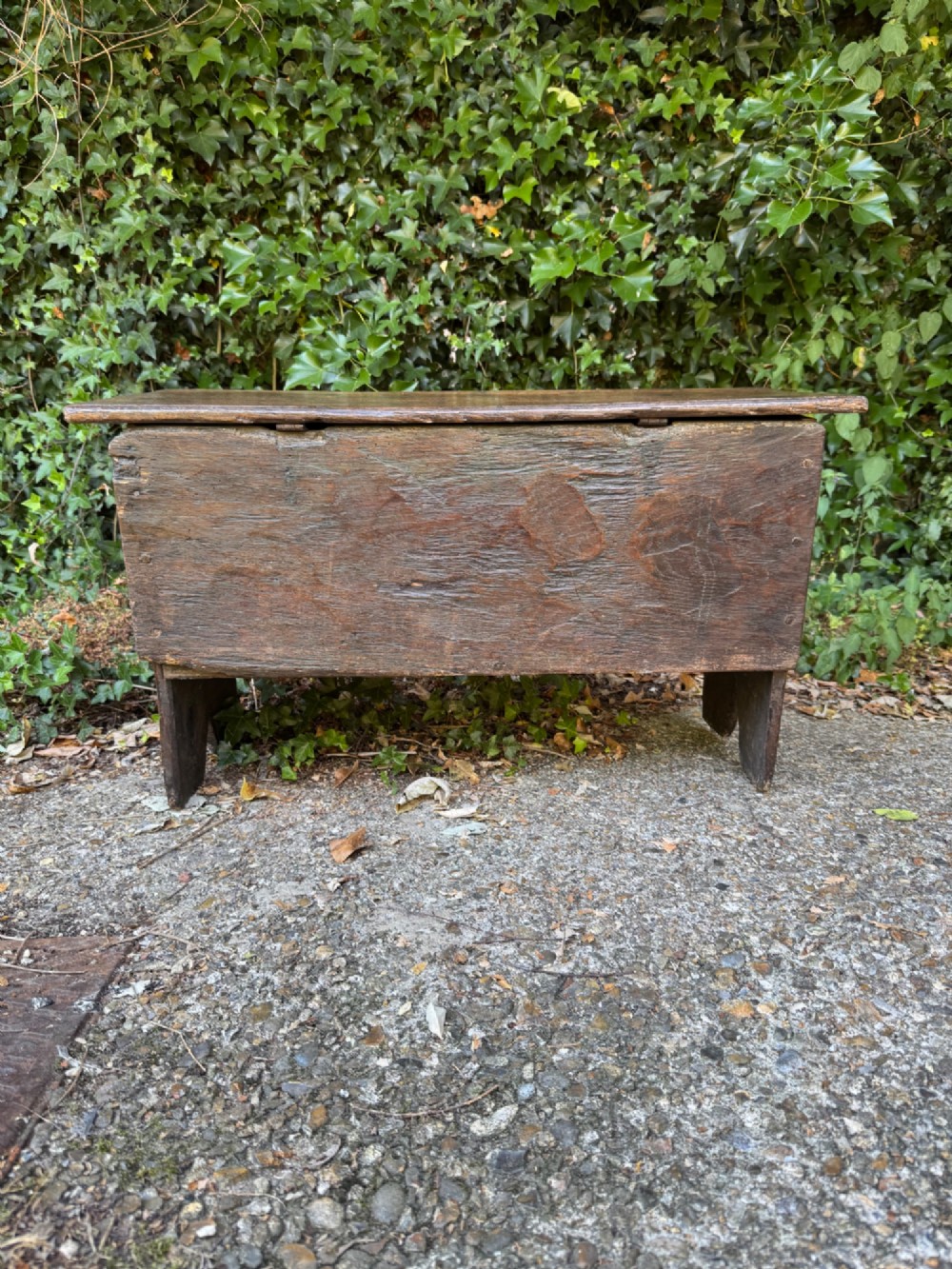 An antique dark oak plank coffer featuring notch-carved vertical edges, V-cut end feet, and a central iron lockplate. View X