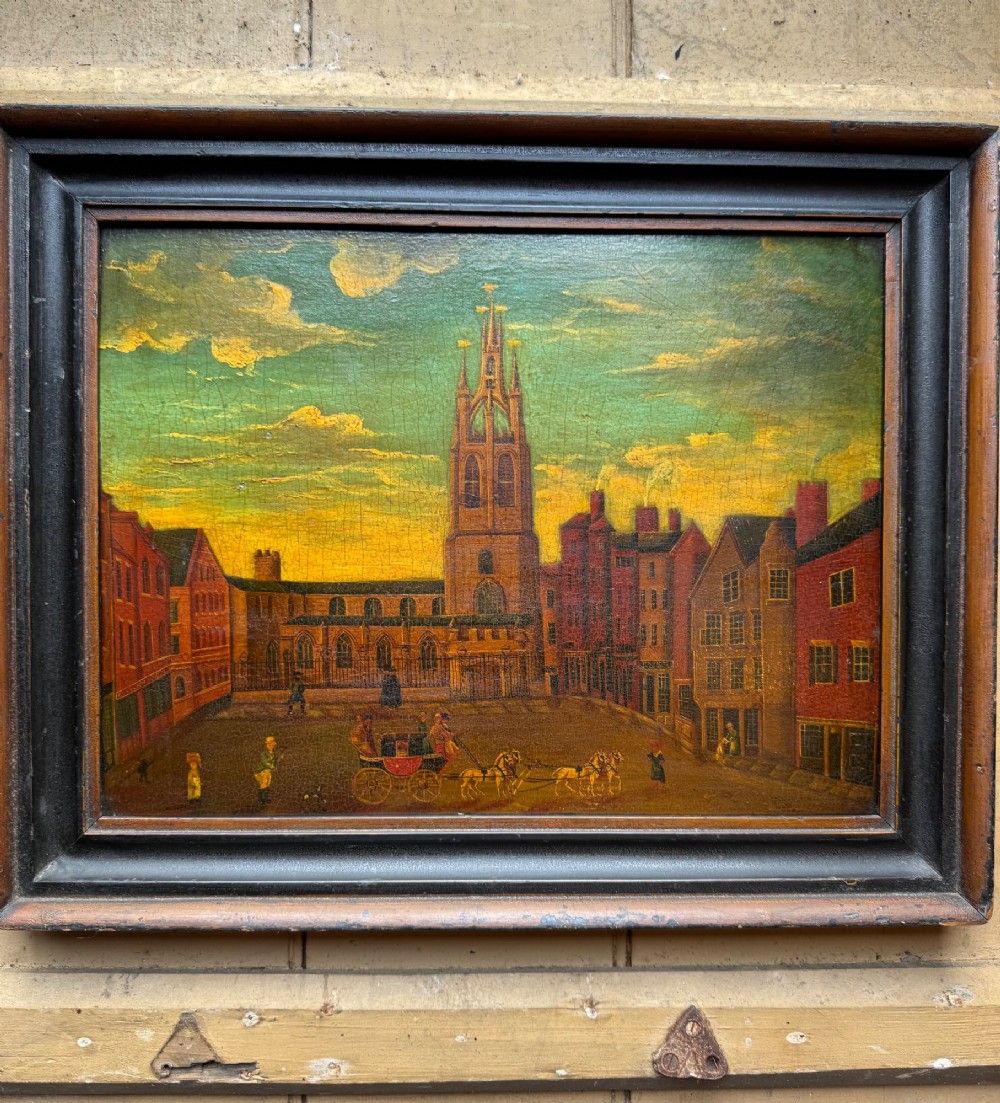 An antique naive oil painting depicting St Nicholas Square in Newcastle with horse-drawn carriages and figures set within a dark wooden frame. View II
