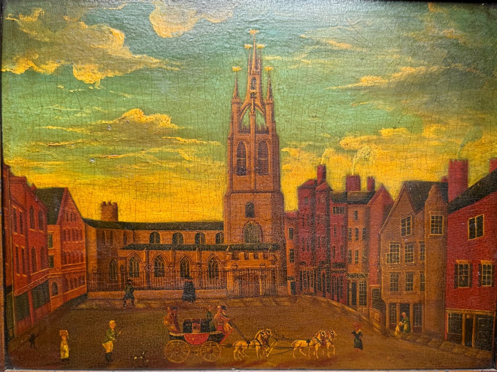 An antique naive oil painting depicting St Nicholas Square in Newcastle with horse-drawn carriages and figures set within a dark wooden frame. View IV