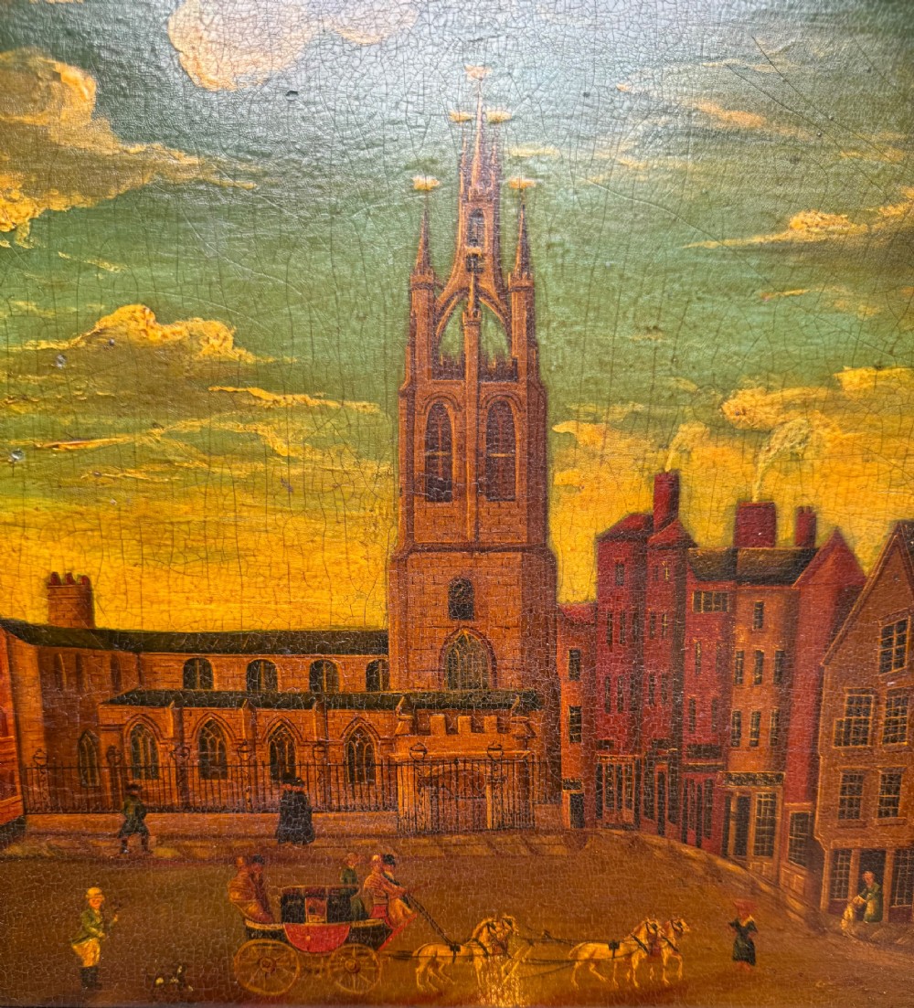 An antique naive oil painting depicting St Nicholas Square in Newcastle with horse-drawn carriages and figures set within a dark wooden frame. View VI