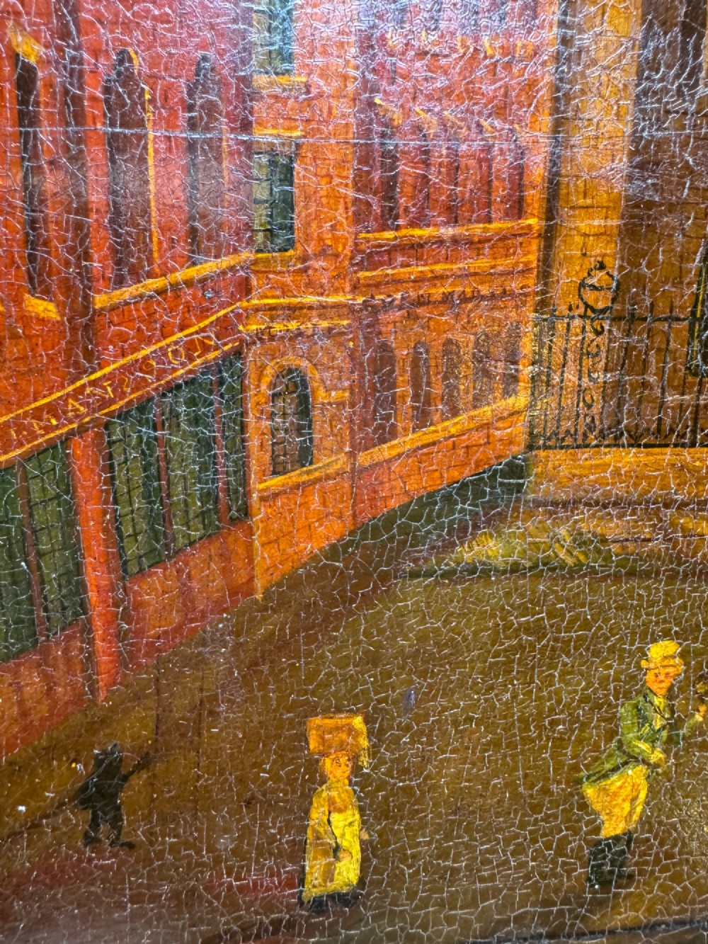 An antique naive oil painting depicting St Nicholas Square in Newcastle with horse-drawn carriages and figures set within a dark wooden frame. View VII