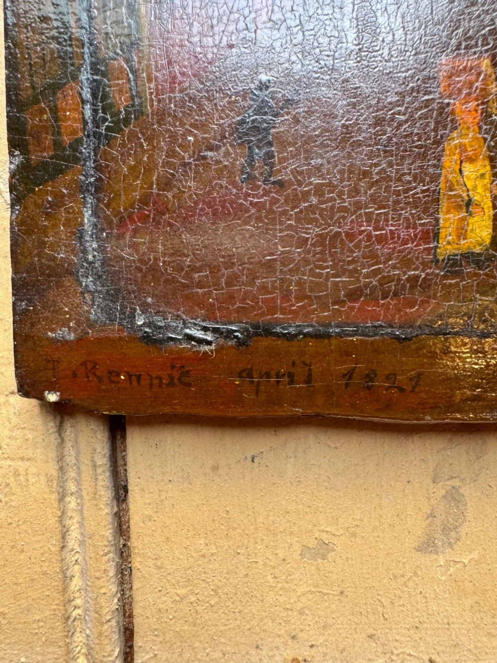 An antique naive oil painting depicting St Nicholas Square in Newcastle with horse-drawn carriages and figures set within a dark wooden frame. View XII