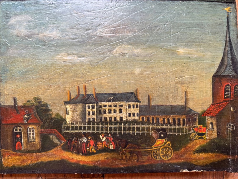 A rectangular antique wooden panel featuring four distinct naive painted oil scenes depicting churches, country houses, sailing ships, and pastoral landscapes. View IV