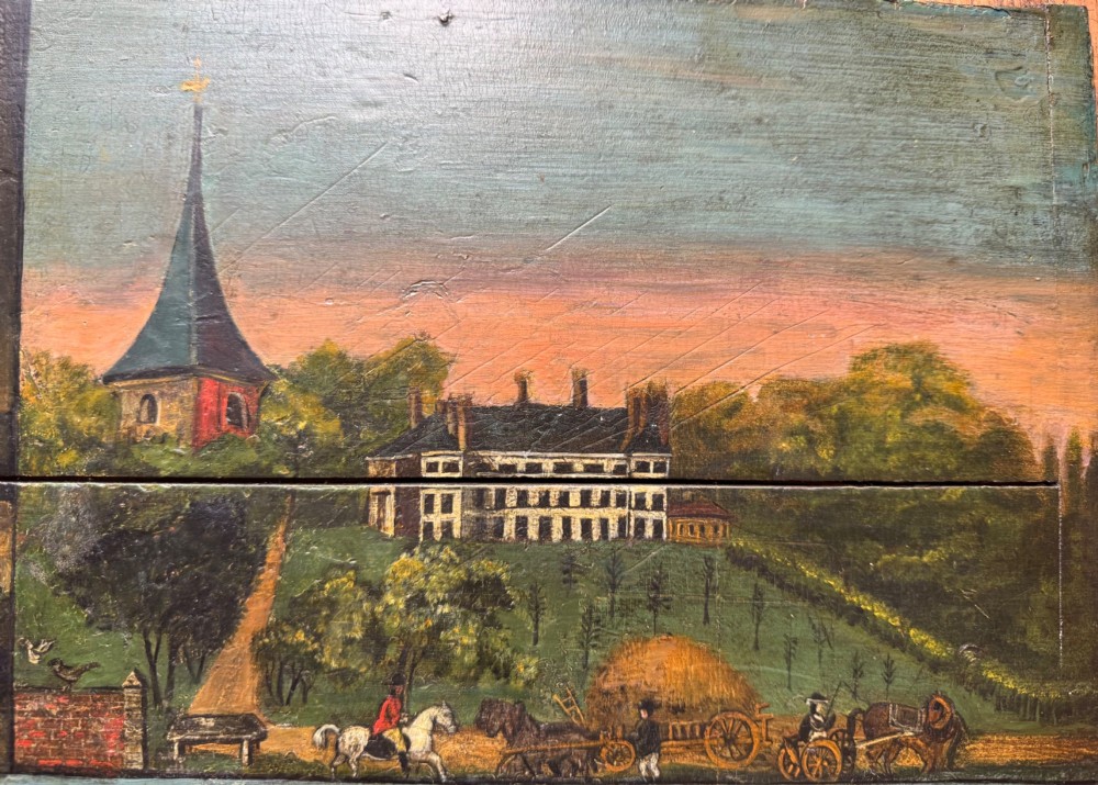 A rectangular antique wooden panel featuring four distinct naive painted oil scenes depicting churches, country houses, sailing ships, and pastoral landscapes. View V