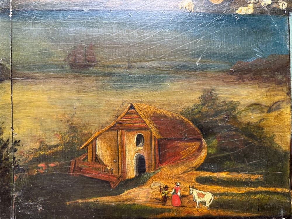 A rectangular antique wooden panel featuring four distinct naive painted oil scenes depicting churches, country houses, sailing ships, and pastoral landscapes. View VI