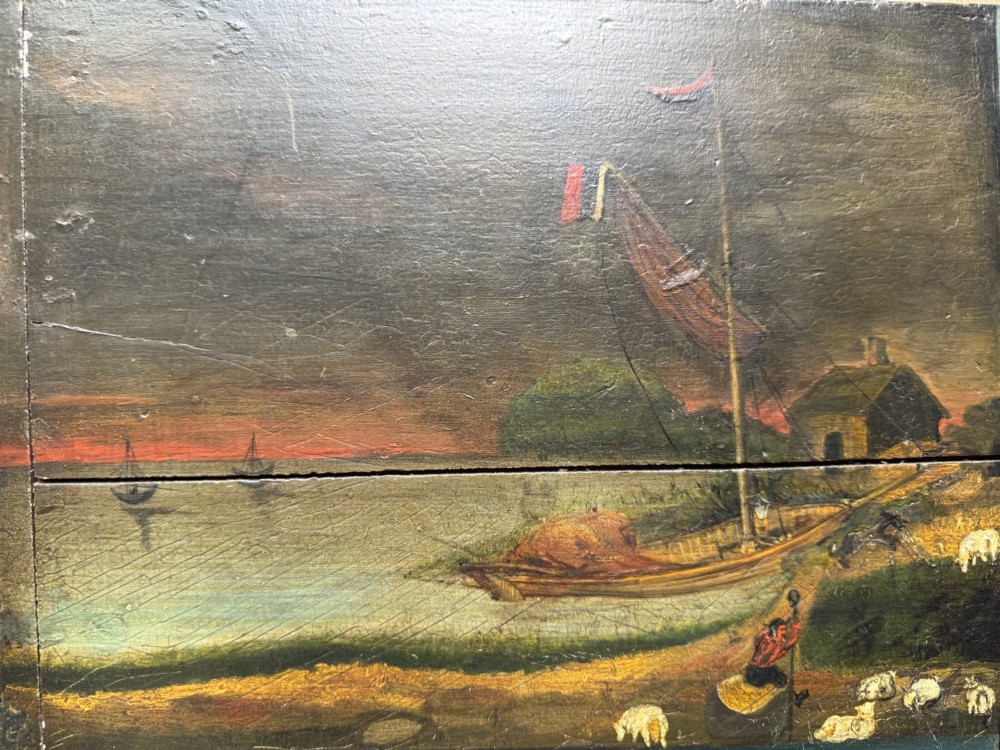 A rectangular antique wooden panel featuring four distinct naive painted oil scenes depicting churches, country houses, sailing ships, and pastoral landscapes. View VII
