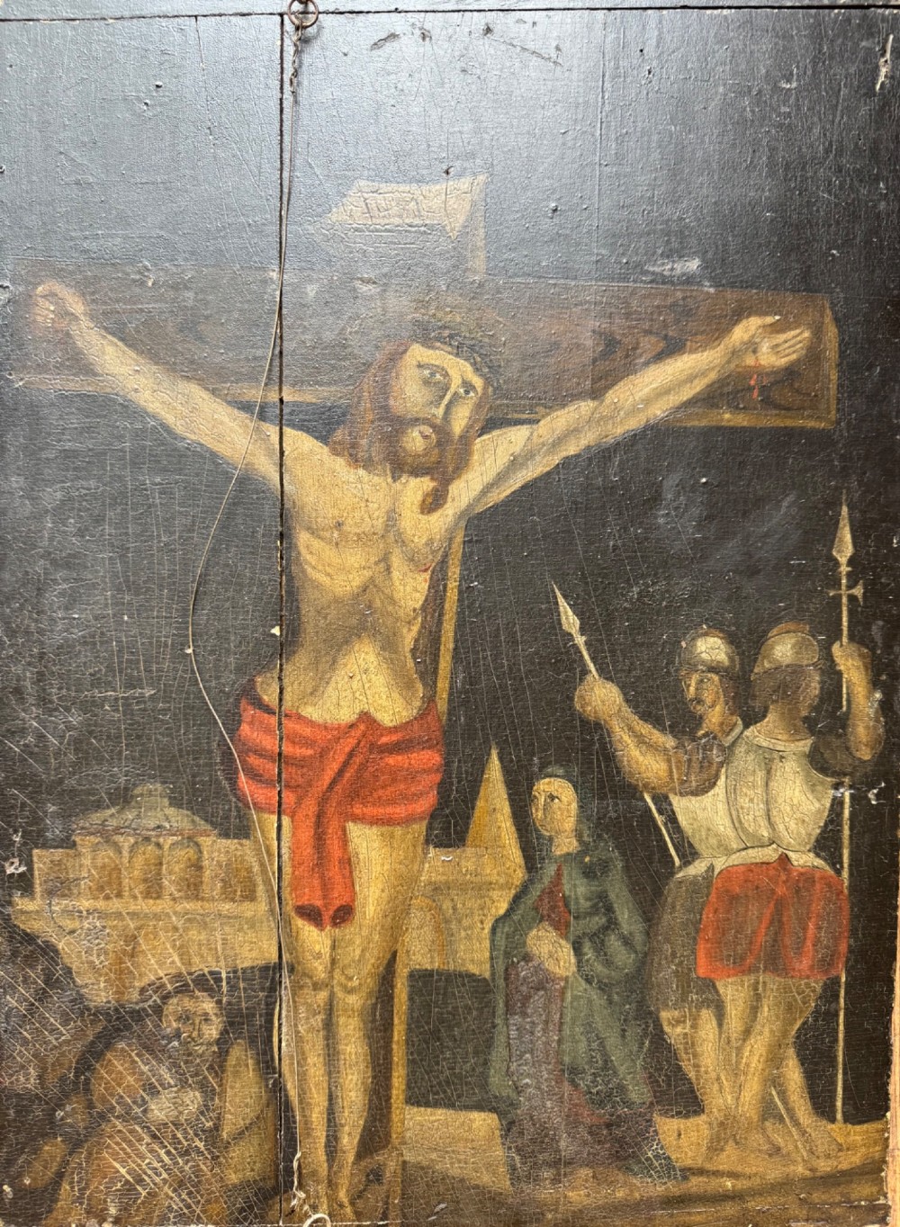 A rectangular antique wooden panel featuring four distinct naive painted oil scenes depicting churches, country houses, sailing ships, and pastoral landscapes. View IX