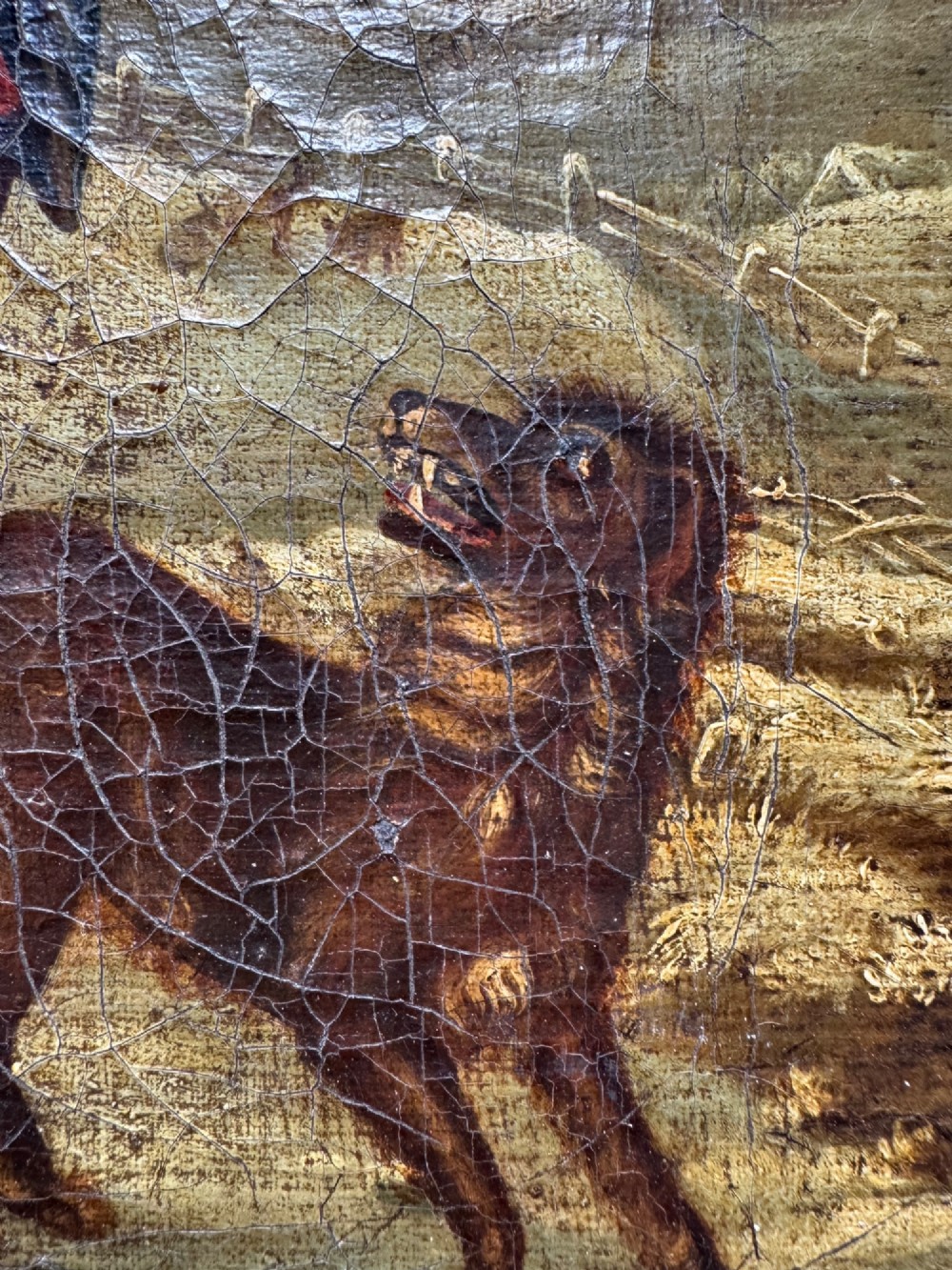 An antique oil painting depicting a standing man with a pipe and his dog in a countryside landscape, housed in a deep silvered moulded frame. View VI
