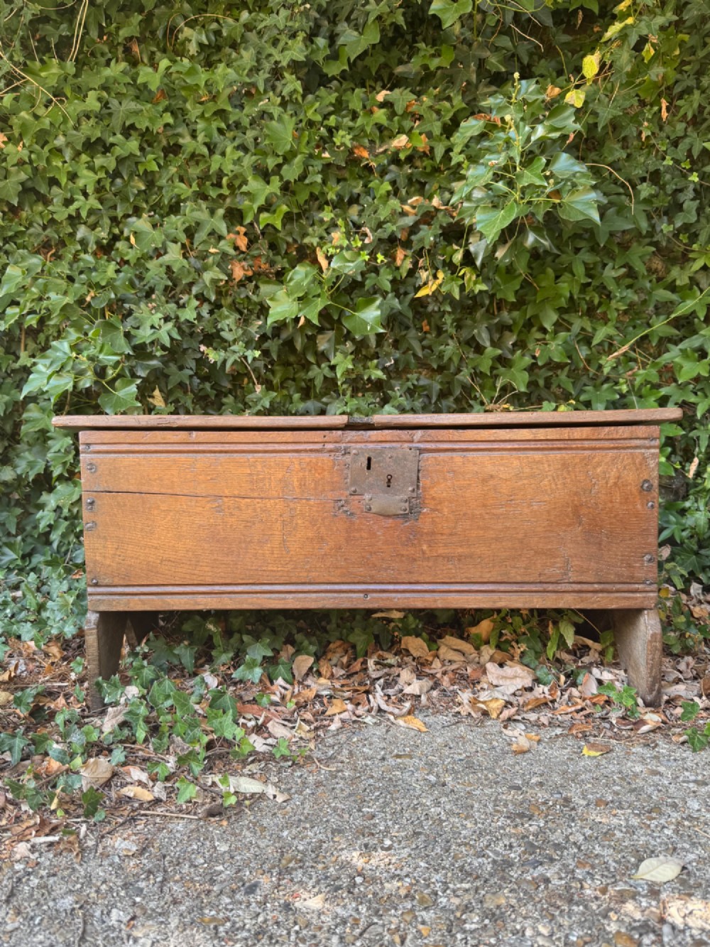 An early oak plank coffer featuring notched end panels, a hinged lid, horizontal moulding, and an iron lockplate. View II
