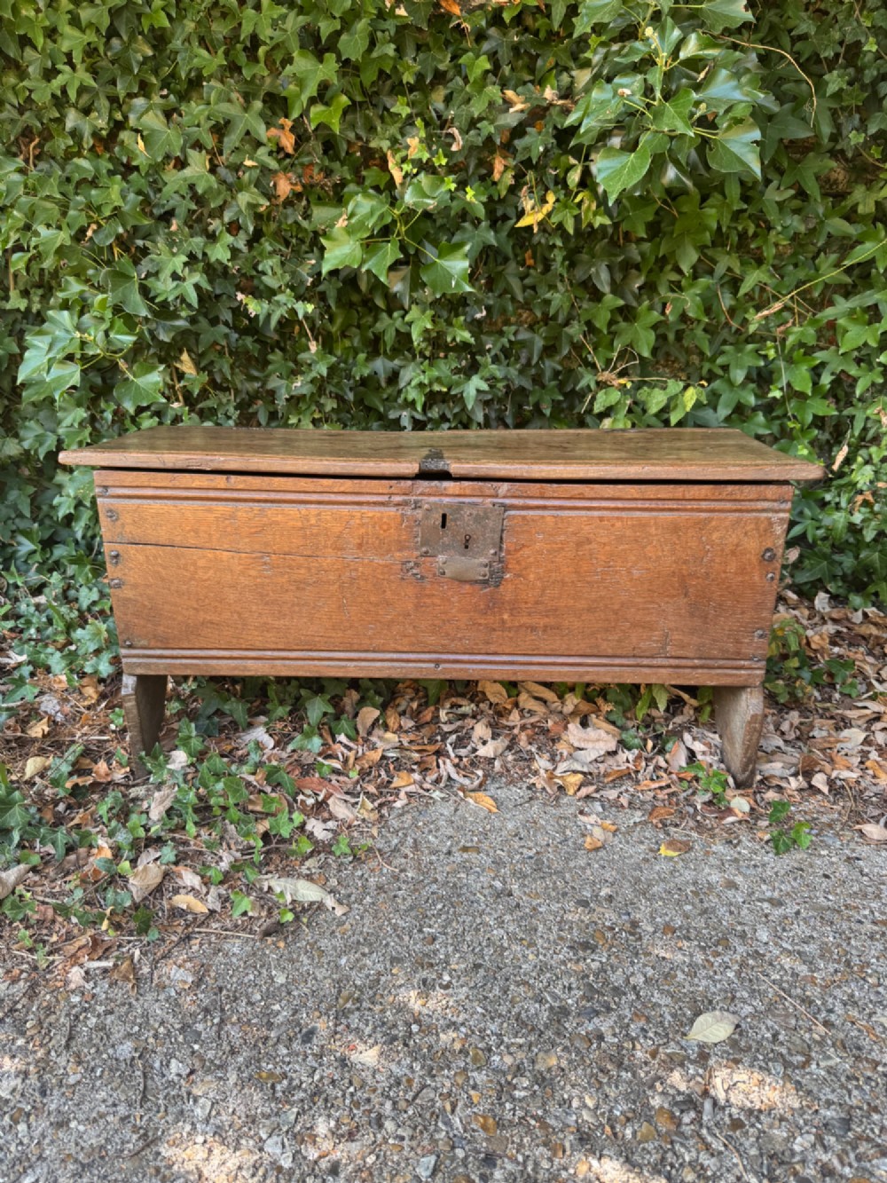 An early oak plank coffer featuring notched end panels, a hinged lid, horizontal moulding, and an iron lockplate. View III