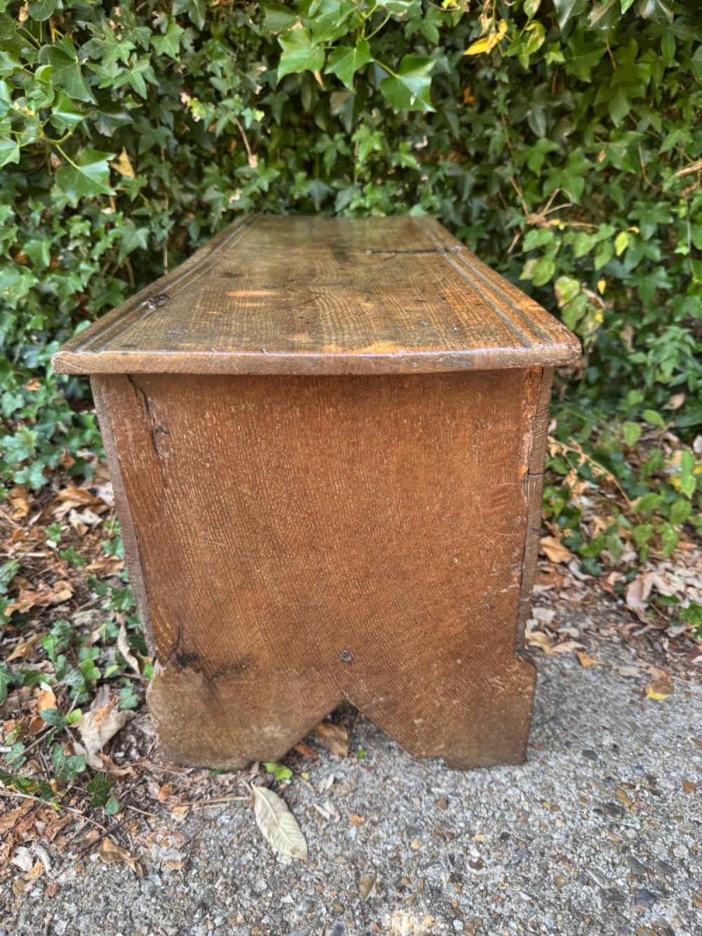 An early oak plank coffer featuring notched end panels, a hinged lid, horizontal moulding, and an iron lockplate. View XI