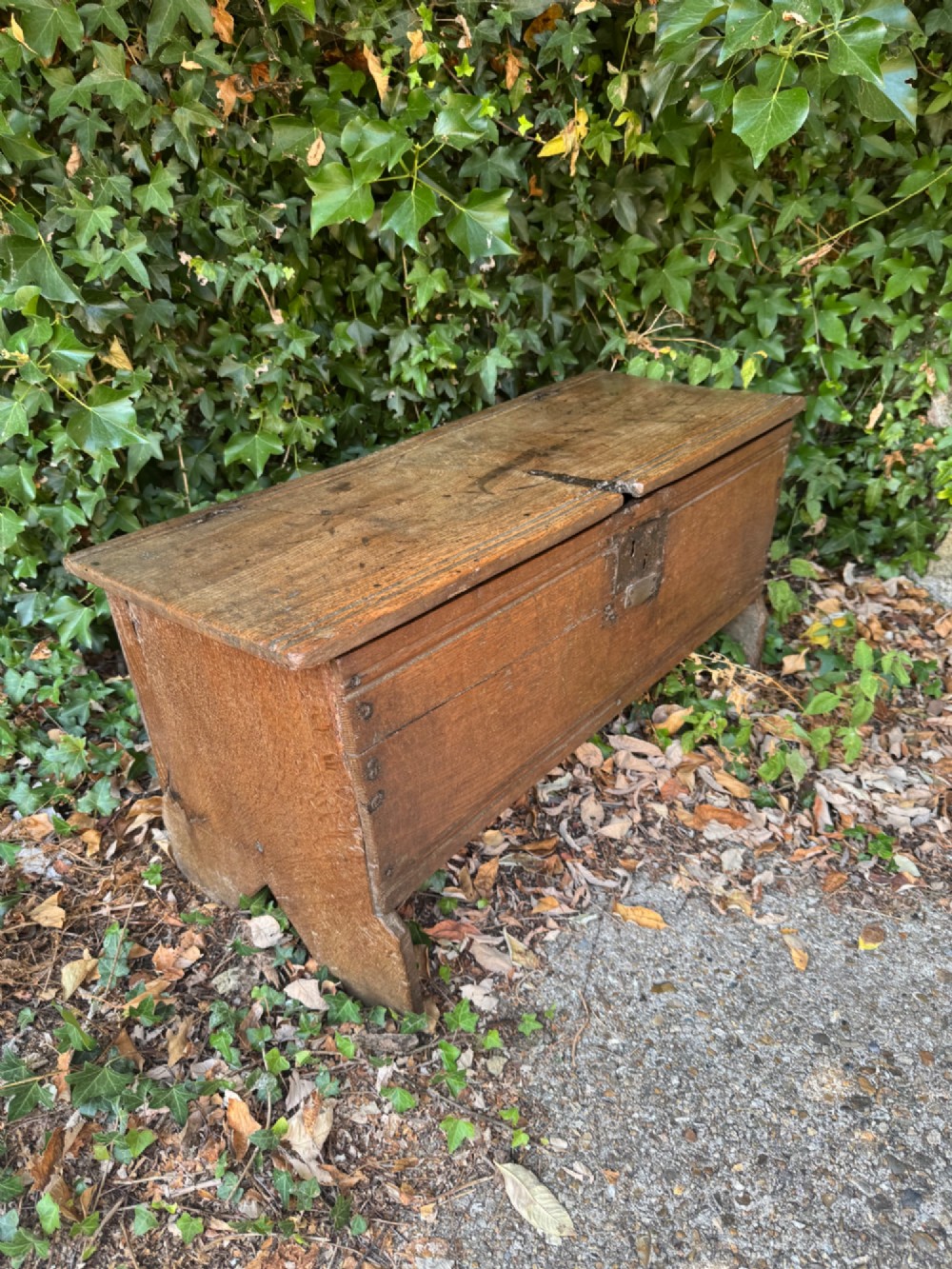 An early oak plank coffer featuring notched end panels, a hinged lid, horizontal moulding, and an iron lockplate. View XIV